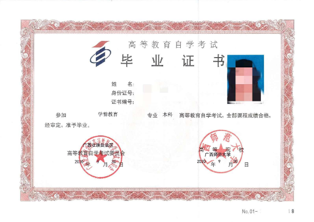 高等教育自学考试毕业证书样本